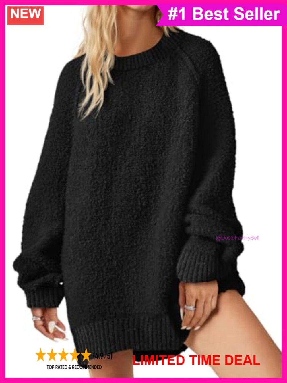 Oversized Fuzzy Crew Neck Tunic Sweater Ribbed Knit Loose Slouchy Pullover